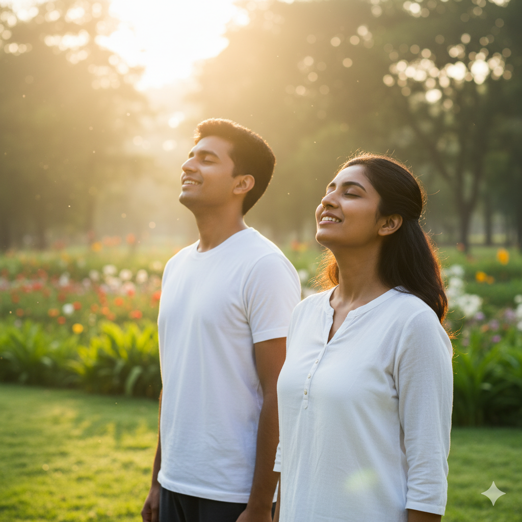 Indian couple practicing breathing exercises outdoors to maintain lung health