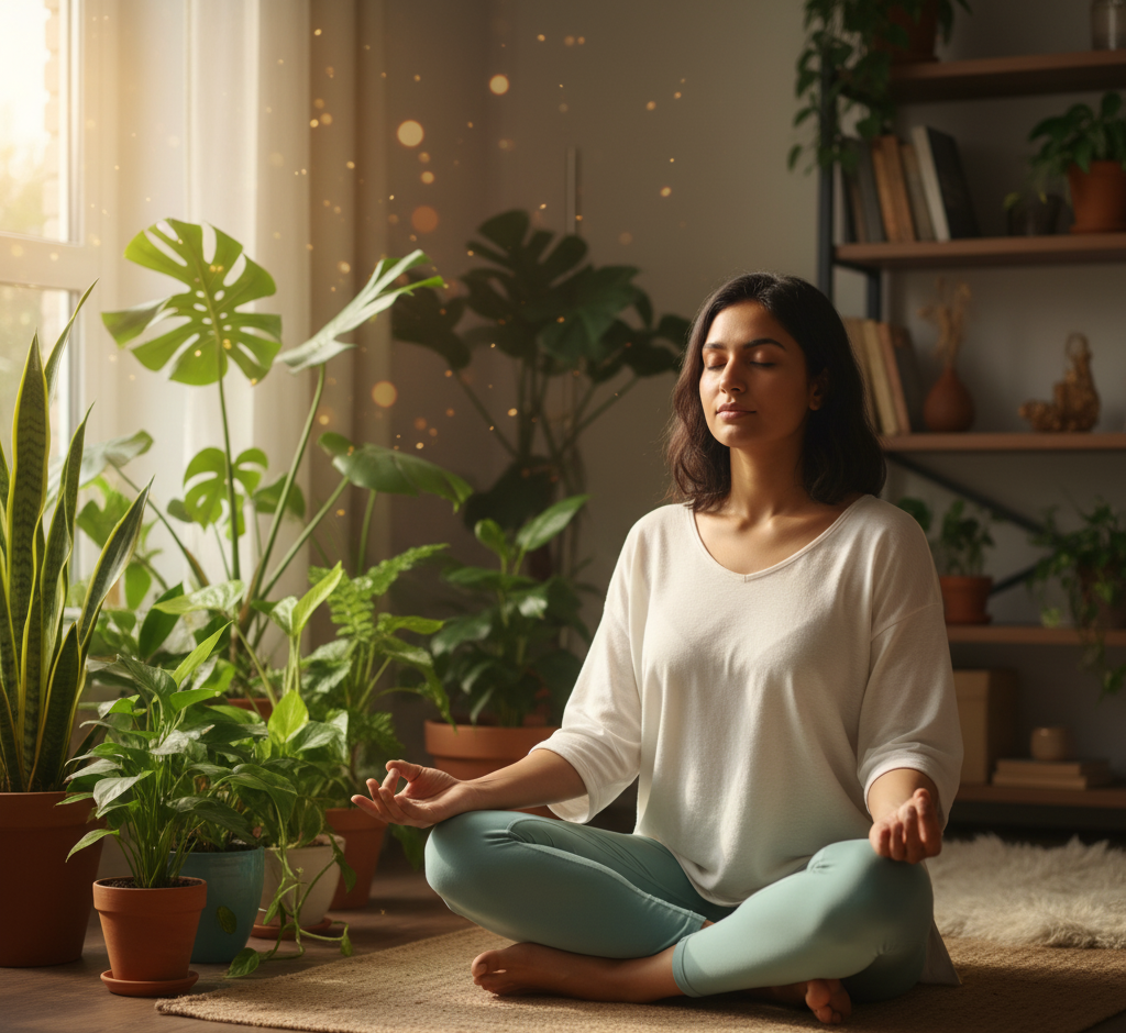 Indian woman practicing deep breathing yoga at home to strengthen lungs