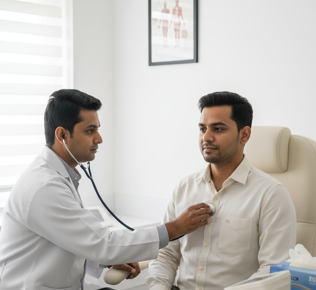 Doctor examining patient’s chest with stethoscope for lung health check-up