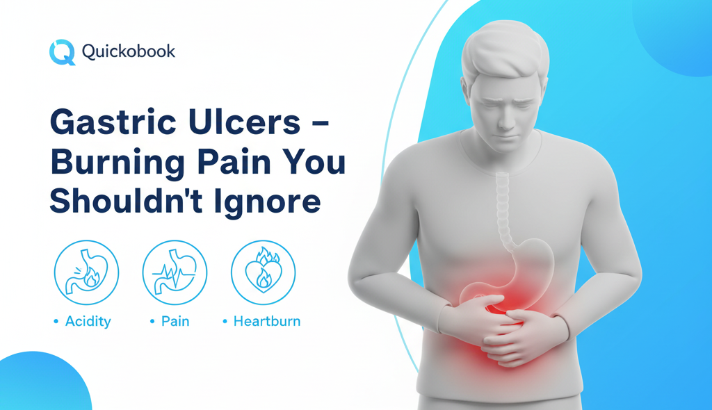 Person clutching stomach in pain with highlighted stomach diagram and icons for acidity, pain, and heartburn on a blue-white medical poster