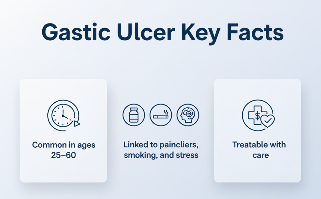 Infographic with key facts about gastric ulcers