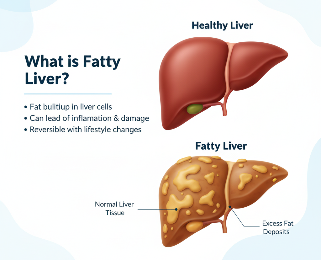 Comparison of healthy liver and fatty liver in medical infographic