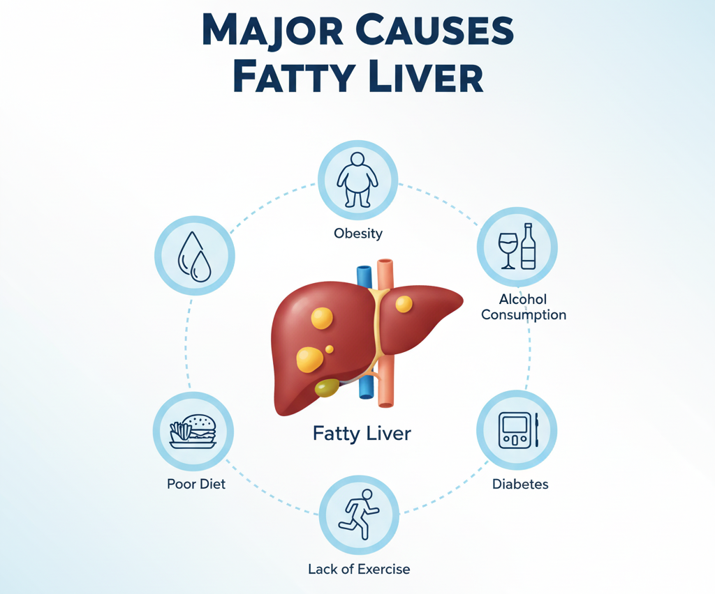 Infographic showing causes of fatty liver such as obesity and alcohol.