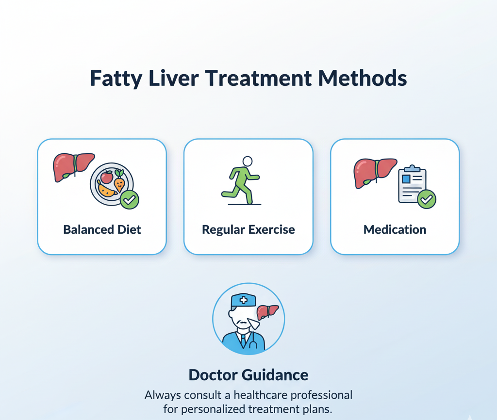 Poster showing diet, exercise, and medicine for fatty liver treatment