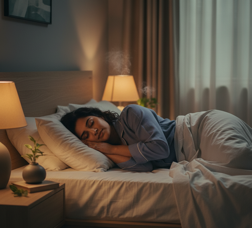 Peaceful Indian woman sleeping at night showing magnesium’s sleep benefits