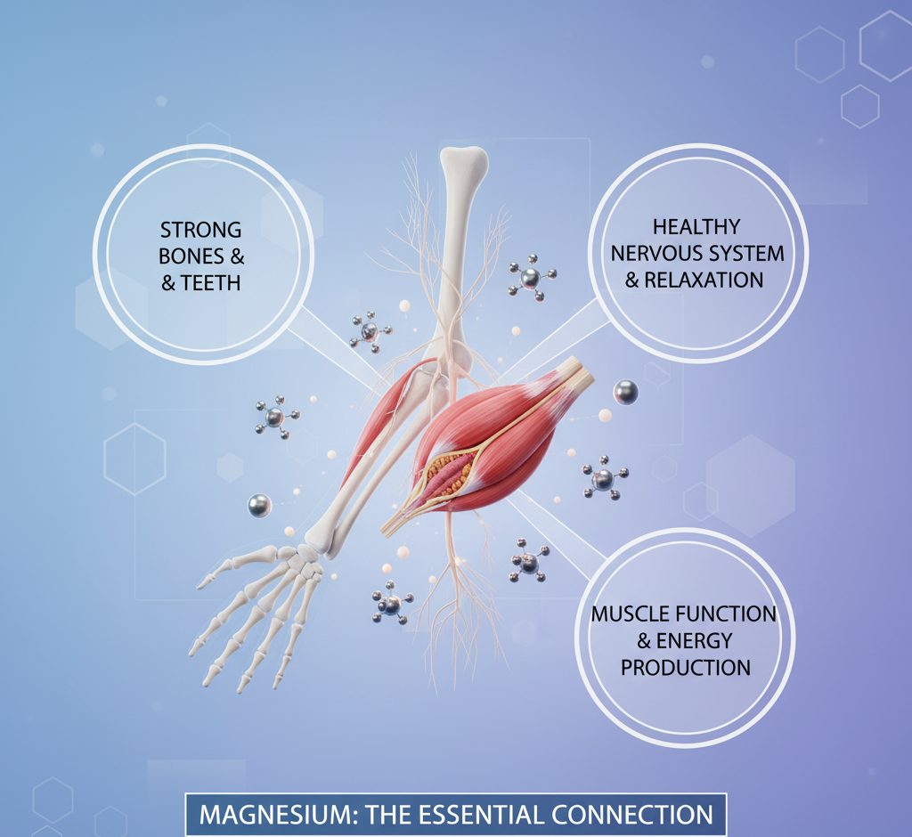 Diagram showing how magnesium supports muscles, bones, and nerves