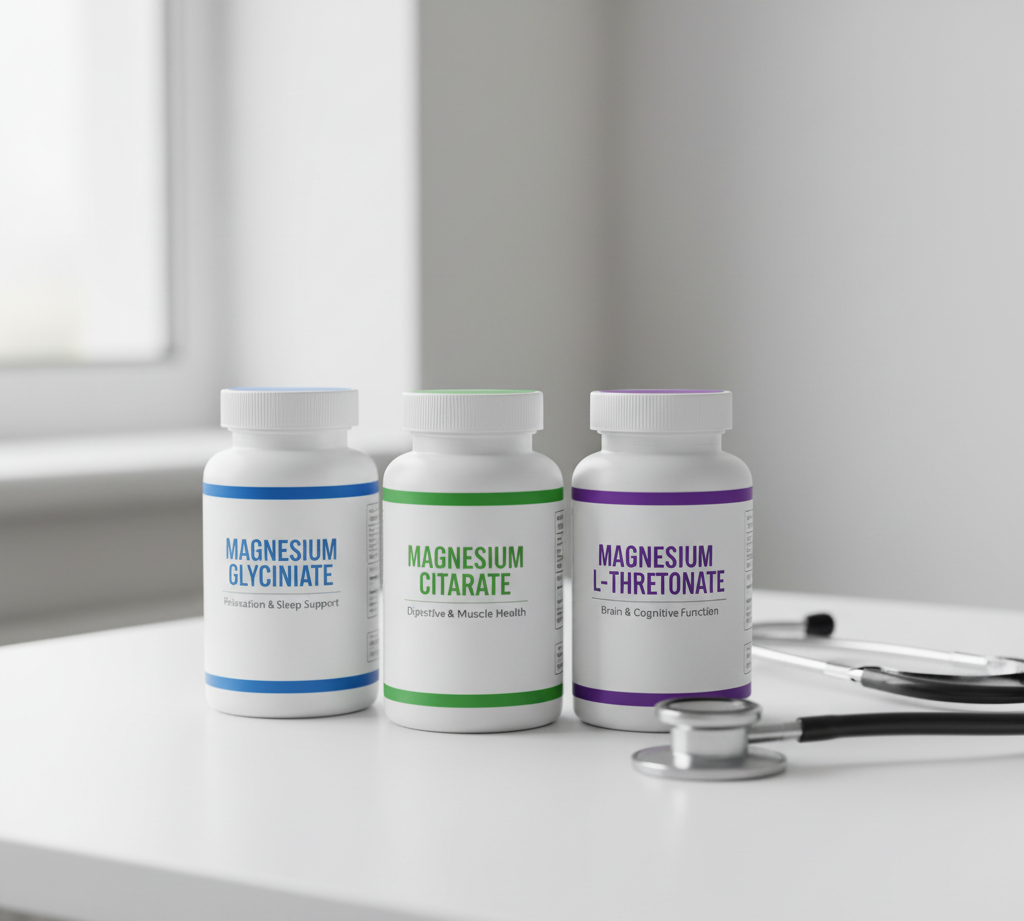 Magnesium supplement bottles and stethoscope representing medical guidance