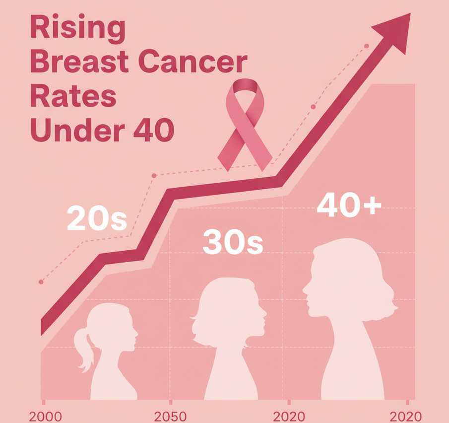 Infographic showing rise in breast cancer rates among women under 40.