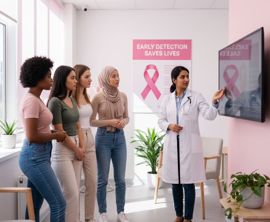 Female doctor educating young women about breast cancer awareness and early risk detection
