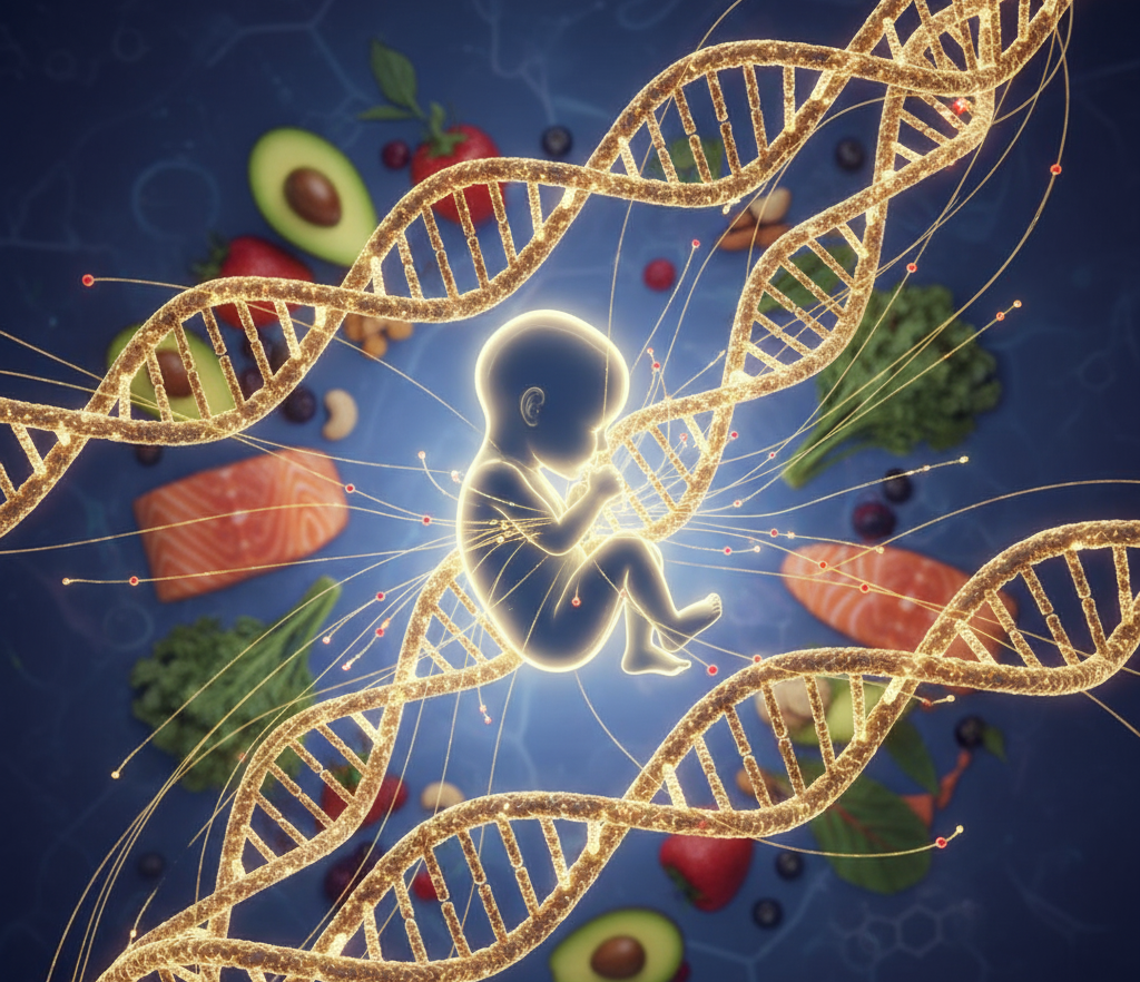 Visual of DNA and fetus showing how maternal diet influences baby genes during pregnancy.