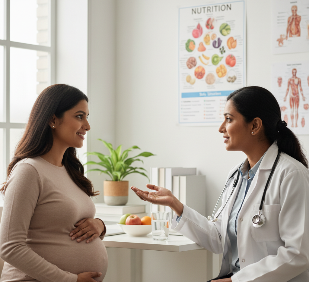 Doctor consulting an Indian pregnant woman about safe peanut consumption during pregnancy.