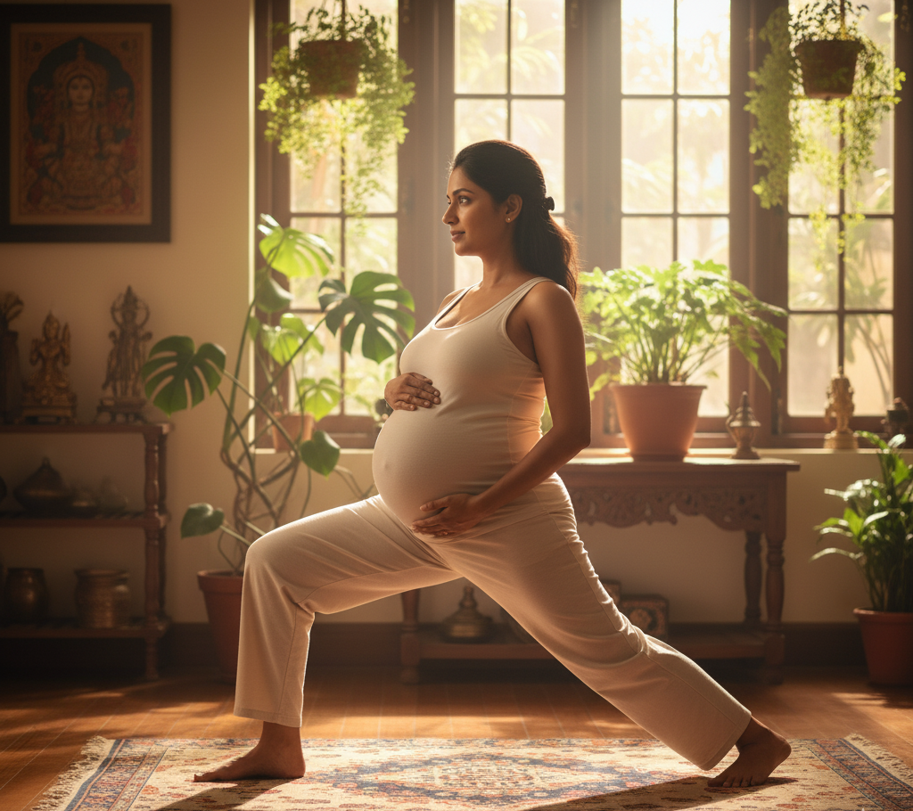 Pregnant Indian woman doing prenatal yoga and following a healthy lifestyle