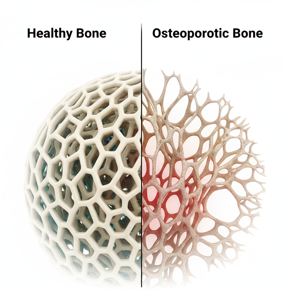 Osteoporosis symptoms shown in hands, legs, and teeth of adults