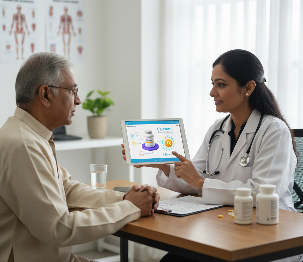 Doctor discussing osteoporosis treatment and calcium supplements.