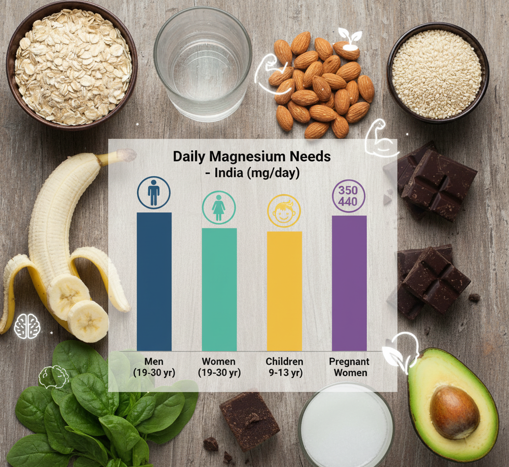 Chart showing recommended magnesium intake by age and gender for Indians.