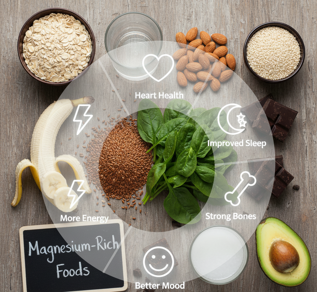 Infographic of magnesium benefits including heart health and better sleep.