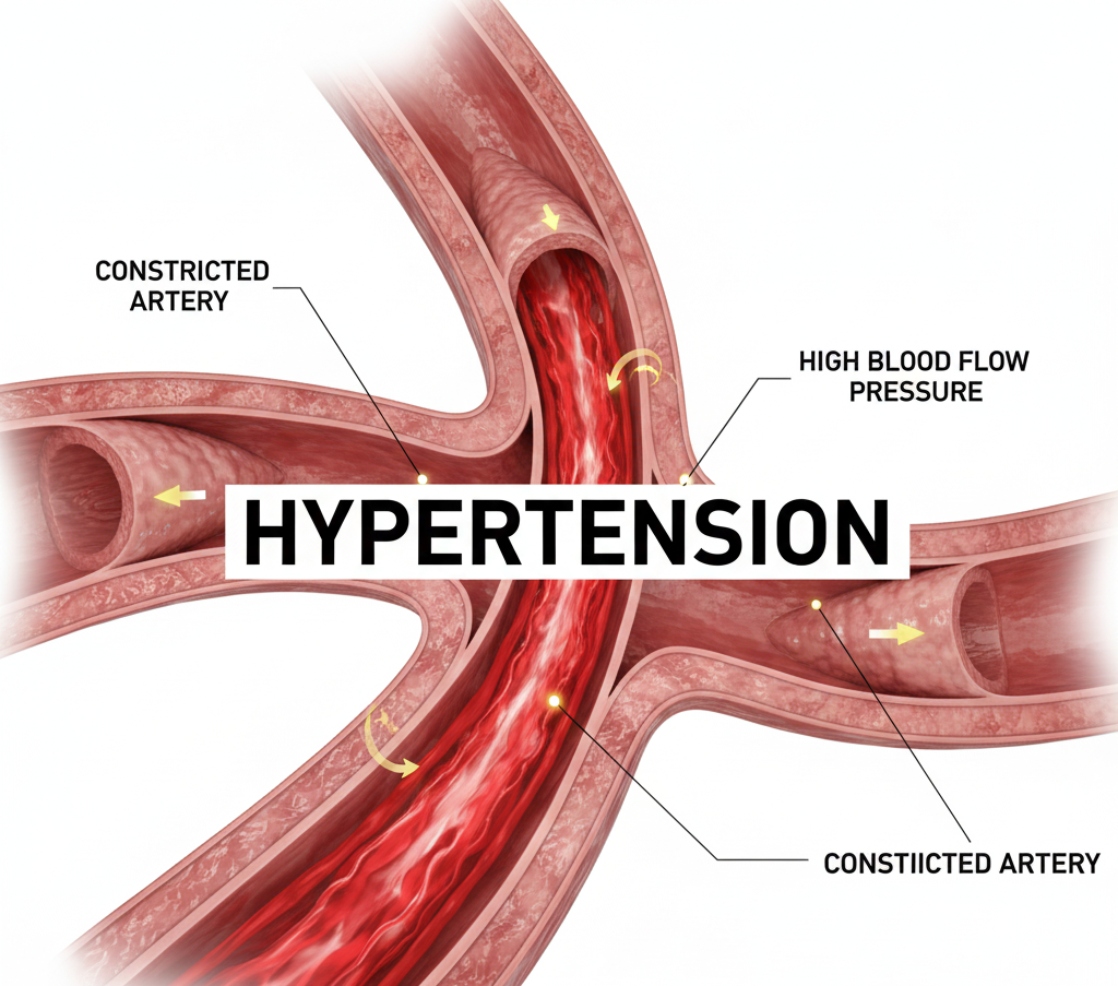 3D medical diagram of arteries showing high blood pressure and hypertension effects on blood flow