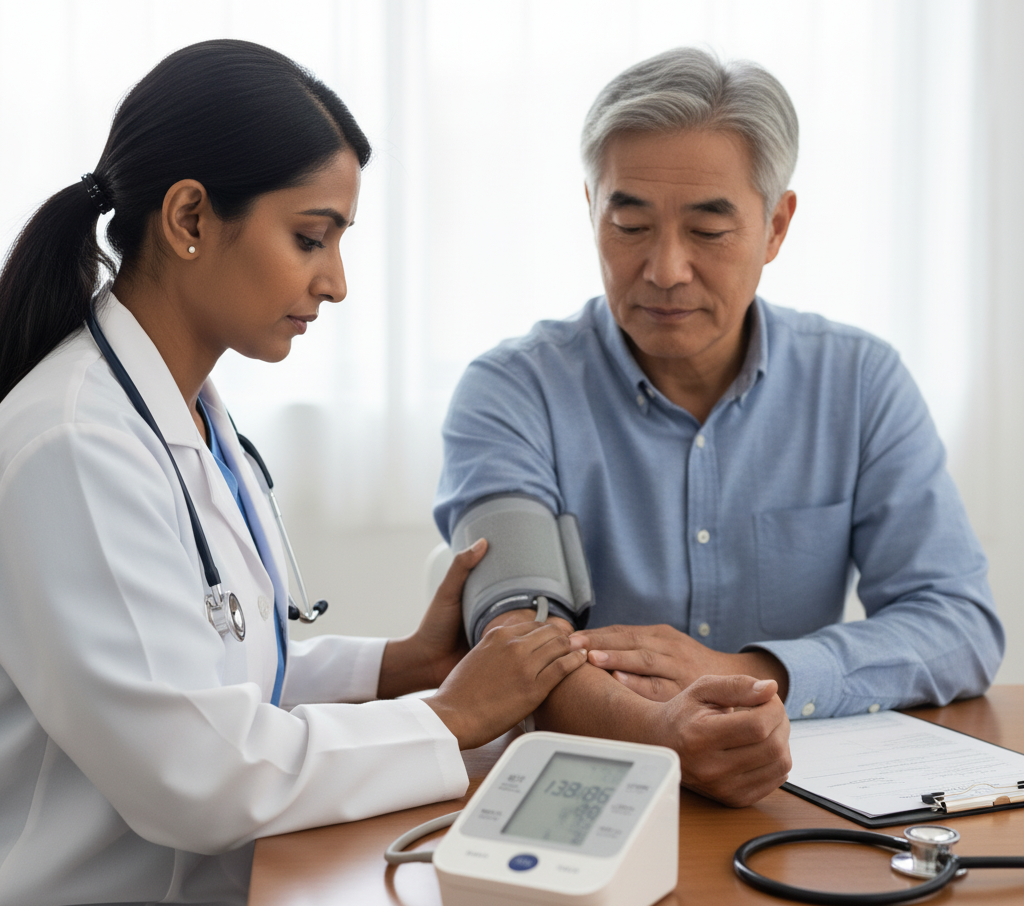 Doctor performing blood pressure test with digital monitor to diagnose hypertension