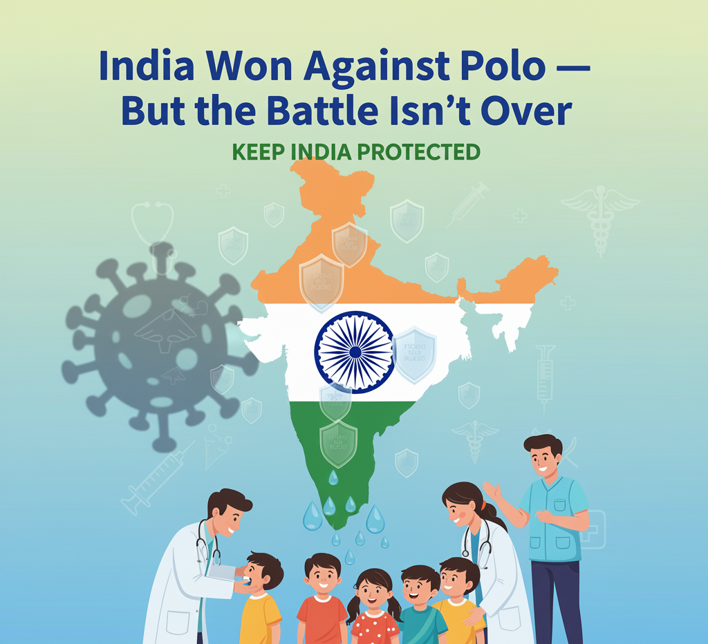 Indian doctor giving oral polio drops to smiling child, awareness poster