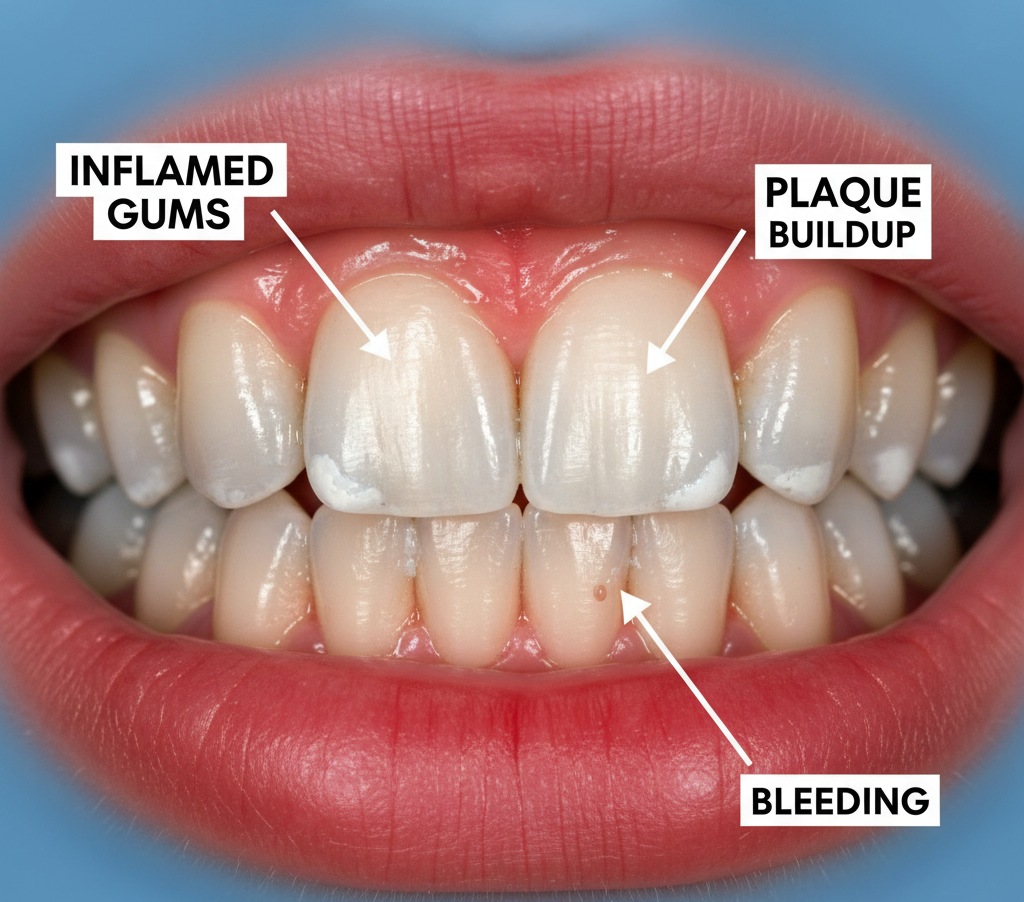 Inflamed gums and plaque buildup representing early-stage gum disease.
