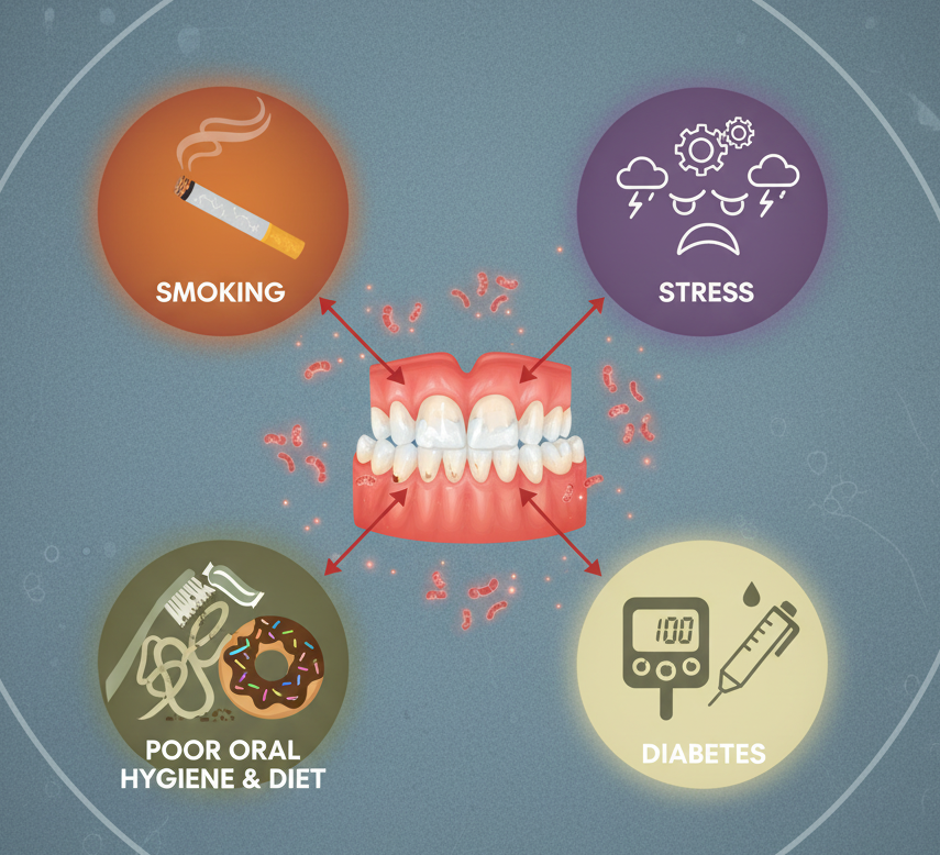 Visual representation of major causes and risk factors of gum disease.