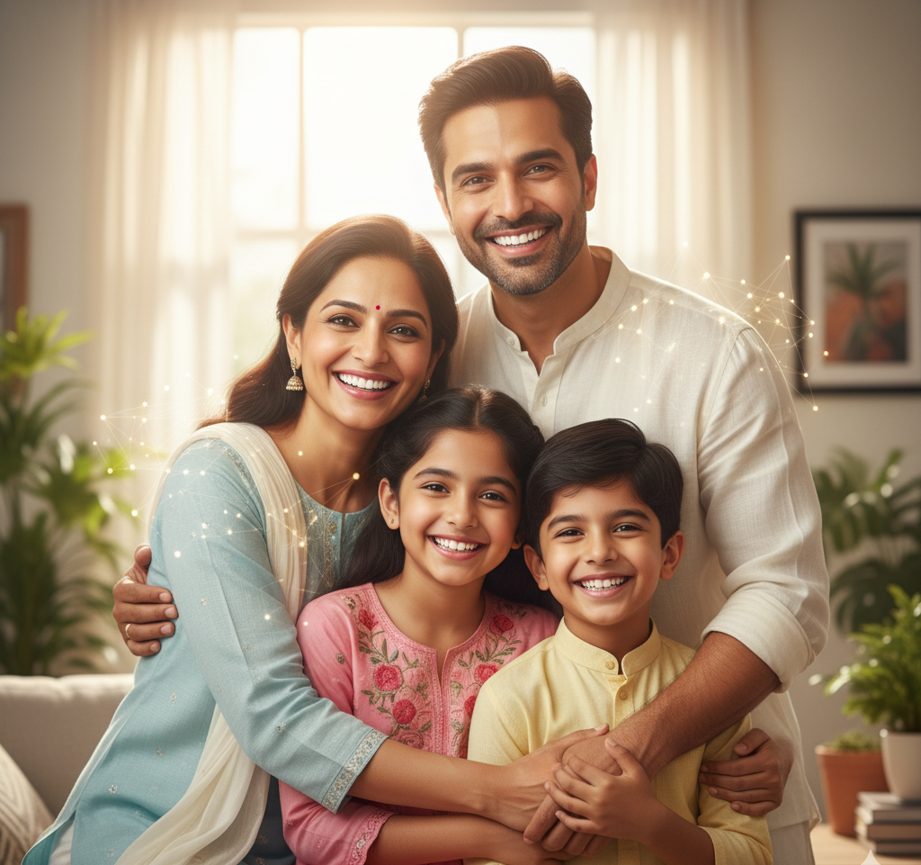 Healthy Indian family smiling after maintaining good oral and brain health.