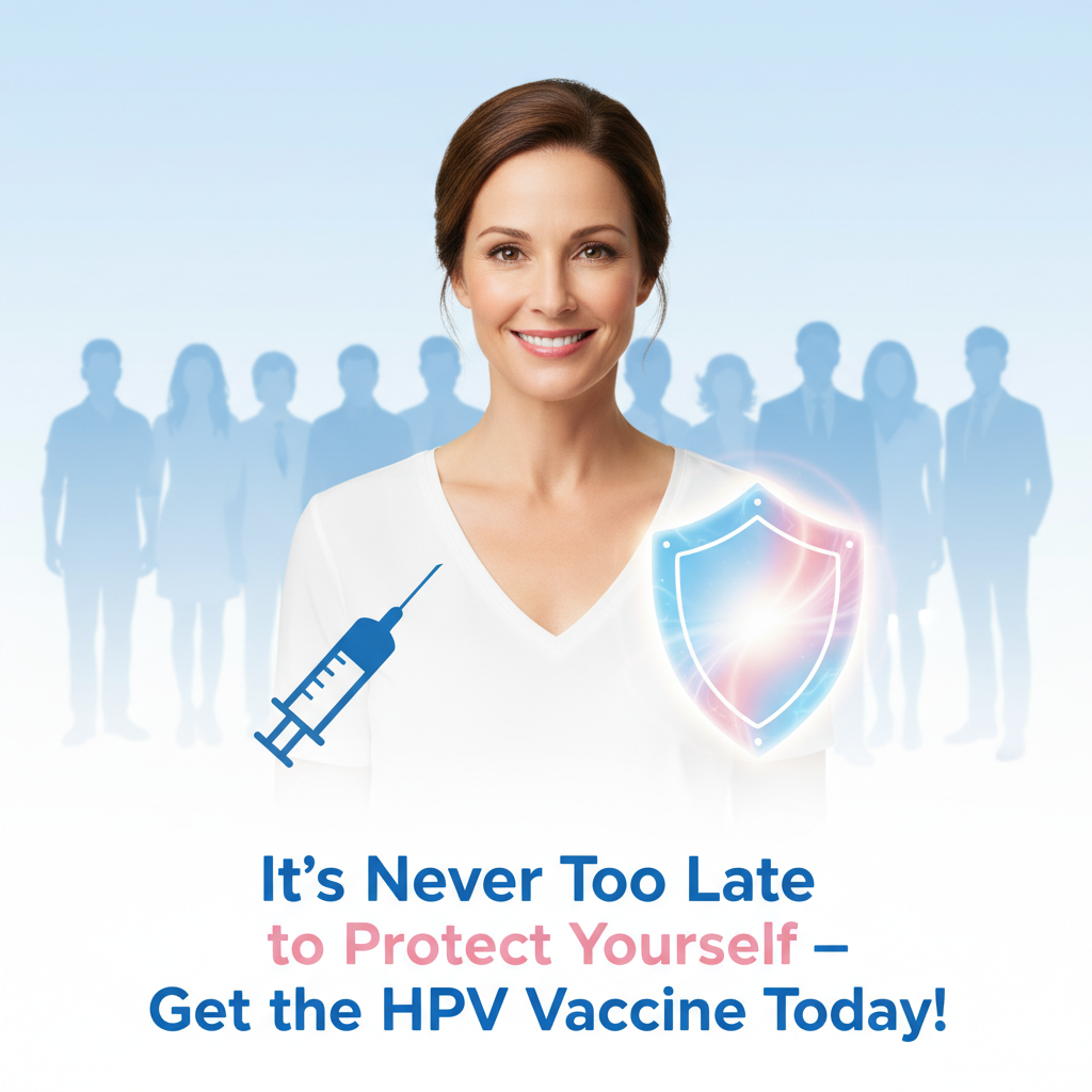 An awareness poster showing adults protected by the HPV vaccine with a glowing health shield and the tagline promoting adult vaccination.