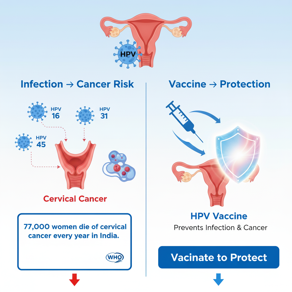 Infographic showing HPV infection pathways leading to cervical cancer, contrasted with vaccine protection visuals.