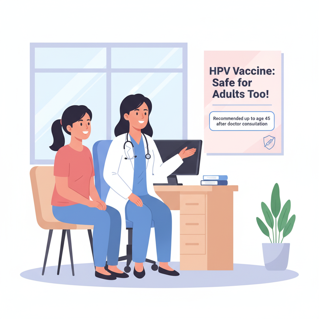 Poster showing a doctor recommending HPV vaccine to adults, with emphasis on safe vaccination up to 45 years.