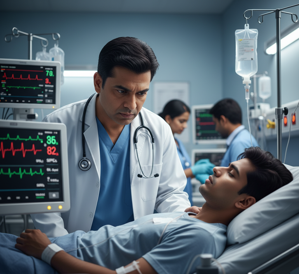 Indian doctor checking unconscious patient with suspected cerebral malaria in hospital ward