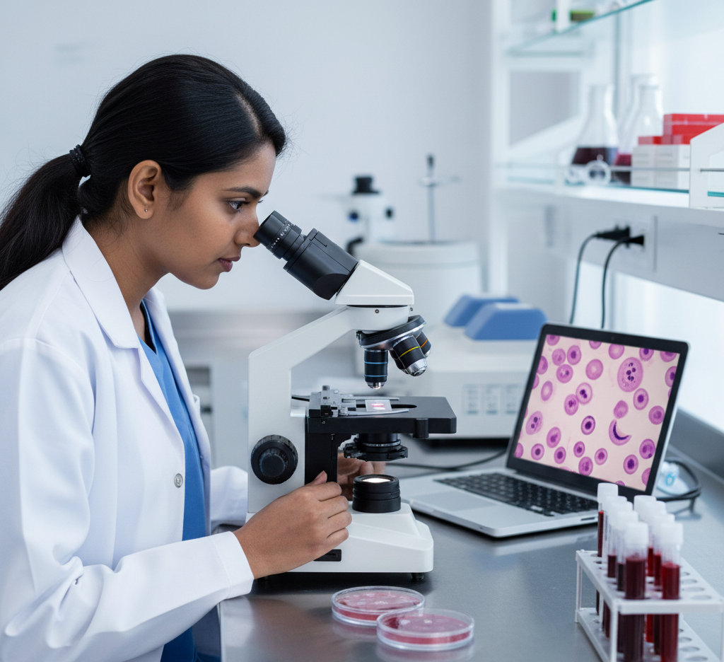 Laboratory technician performing malaria test using microscope