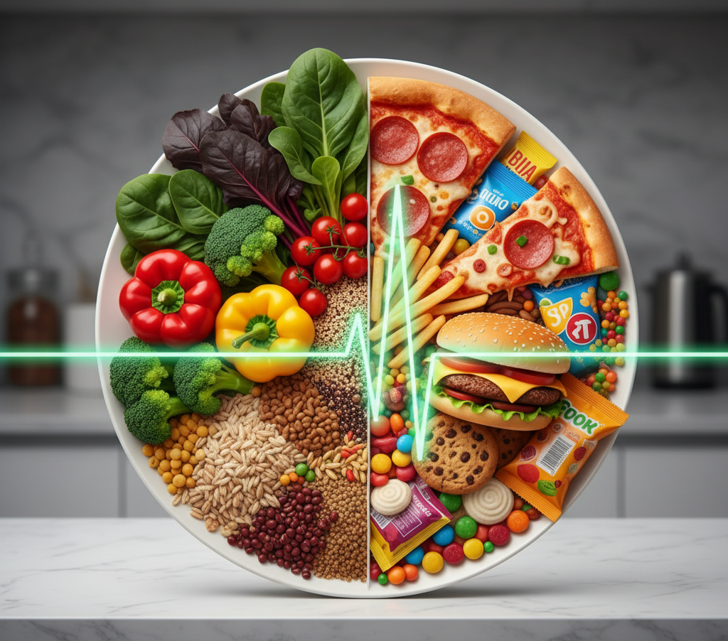Visual showing the connection between diet choices and human health.