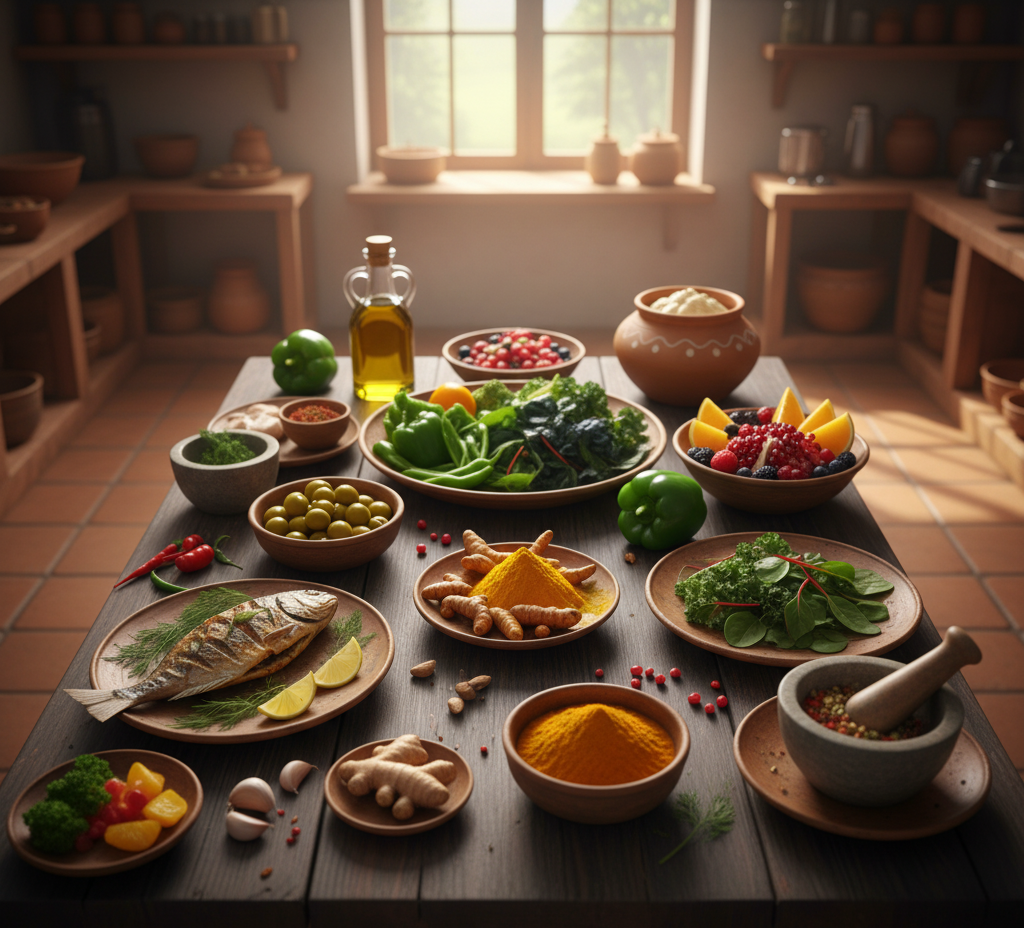 Healthy anti-inflammatory foods that support GLP-1 therapy benefits.