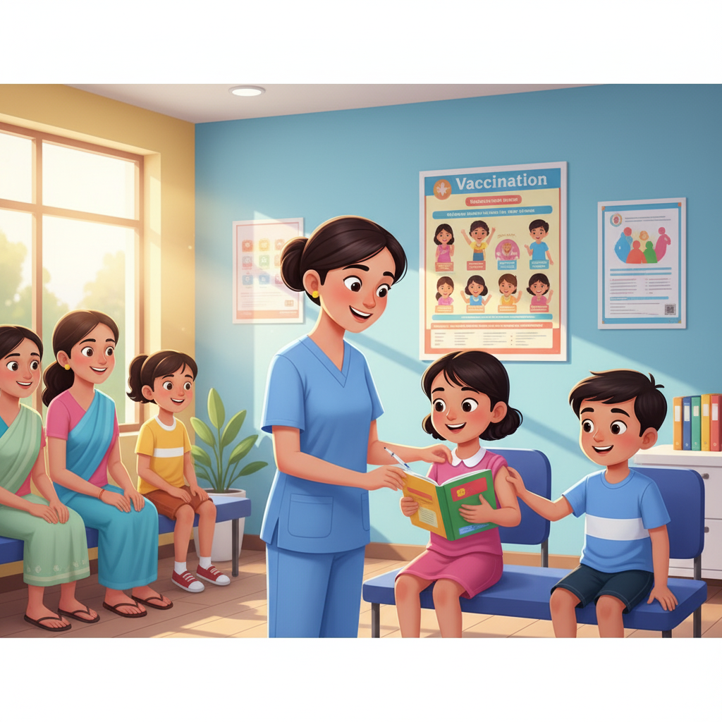 Nurse vaccinating Indian children in a clinic representing the importance of immunization.