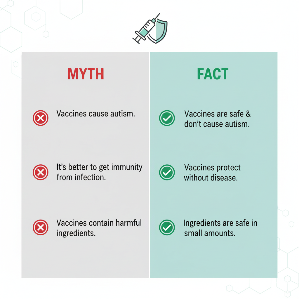 Infographic debunking common vaccine myths with factual corrections.
