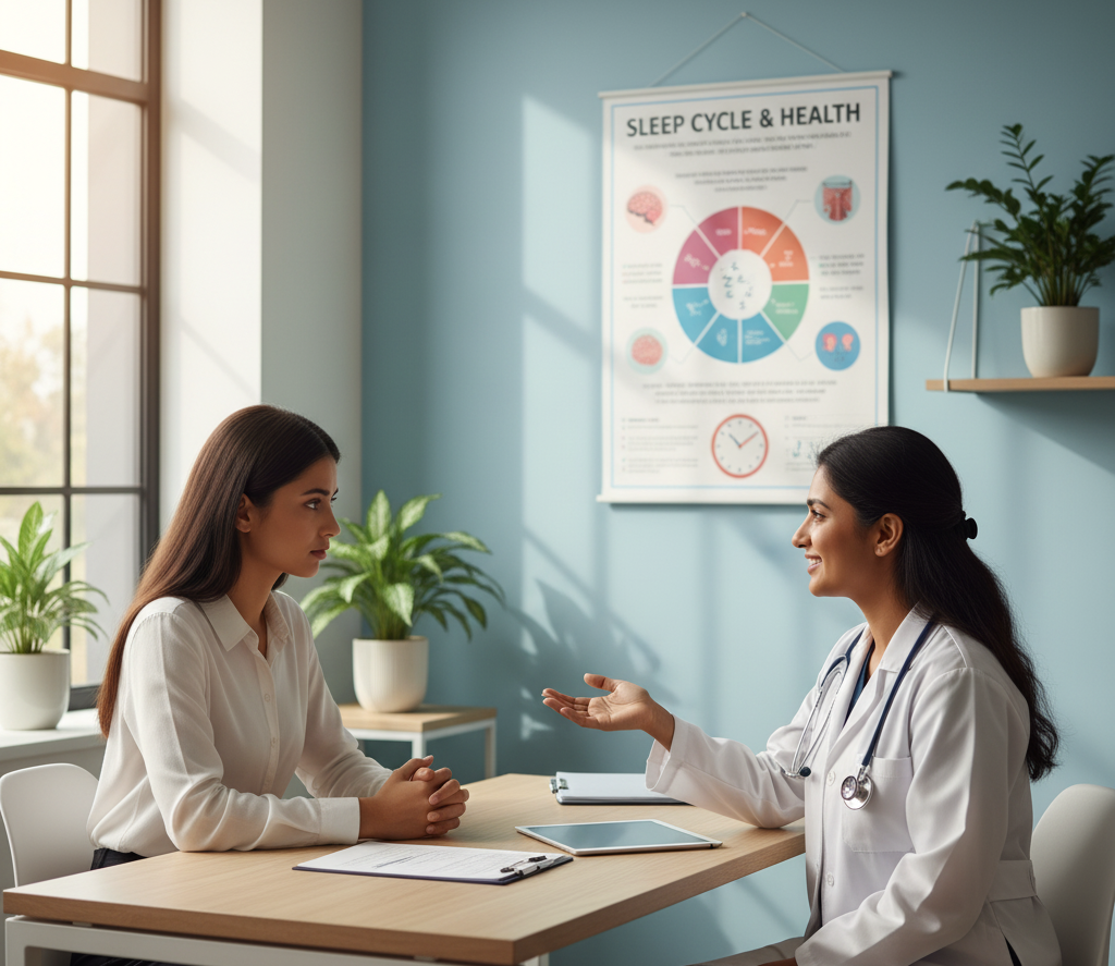 “Doctor and patient discussing insomnia treatment in medical clinic.”
