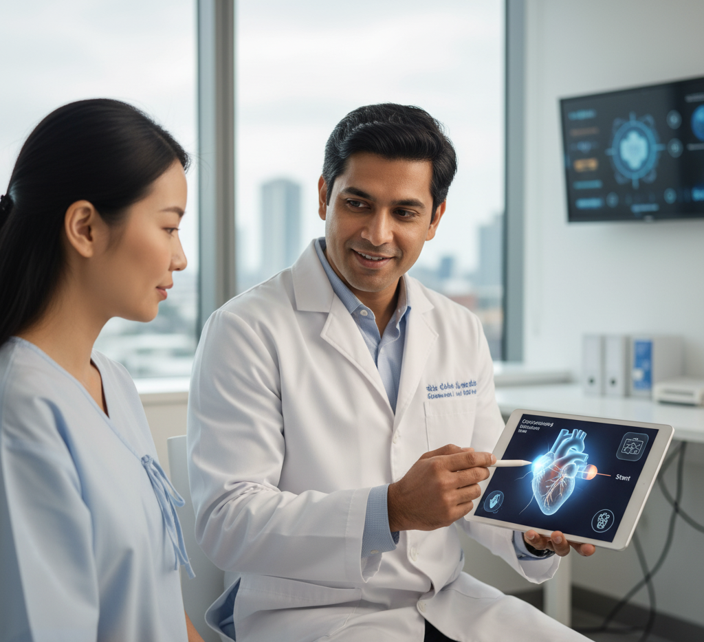 Cardiologist explaining heart treatment options like angioplasty