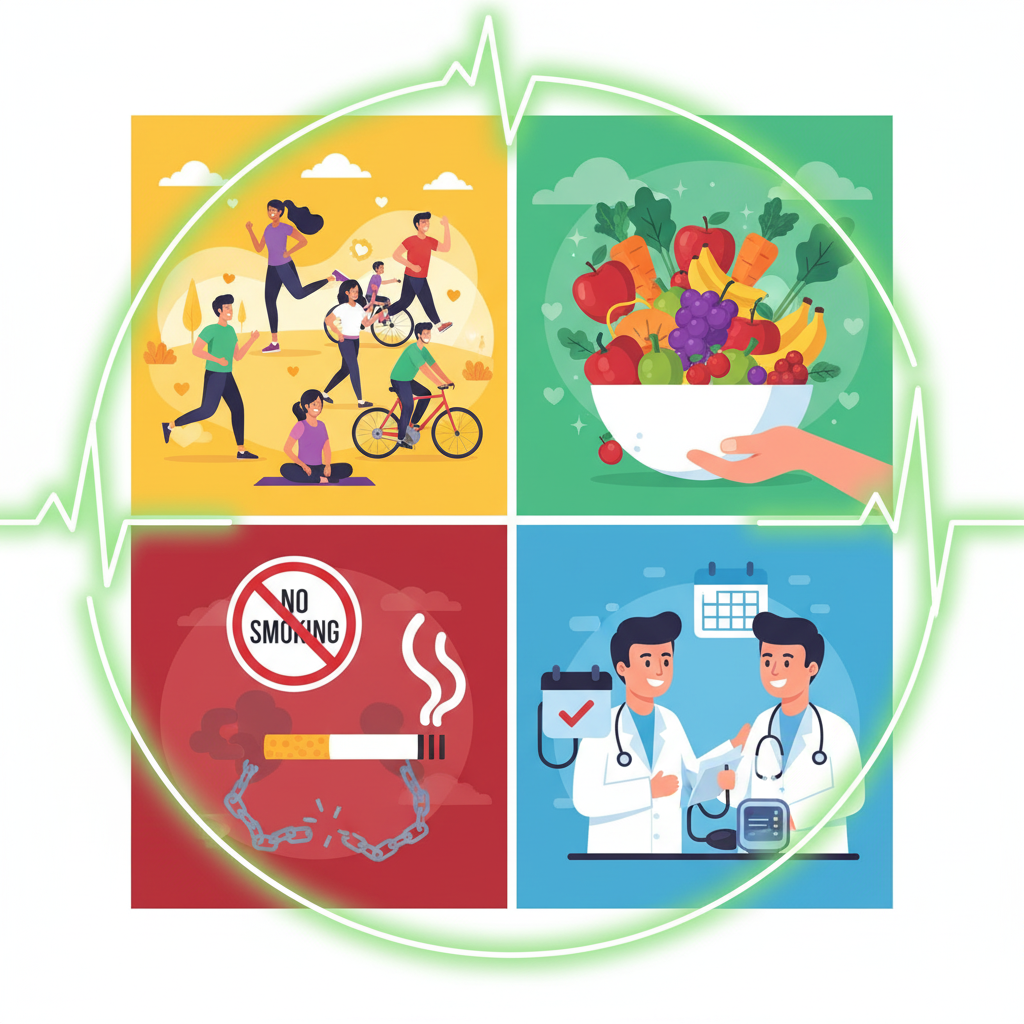 Collage of preventive actions — exercising, eating fruits, no smoking sign, regular check-ups — with vibrant colors.