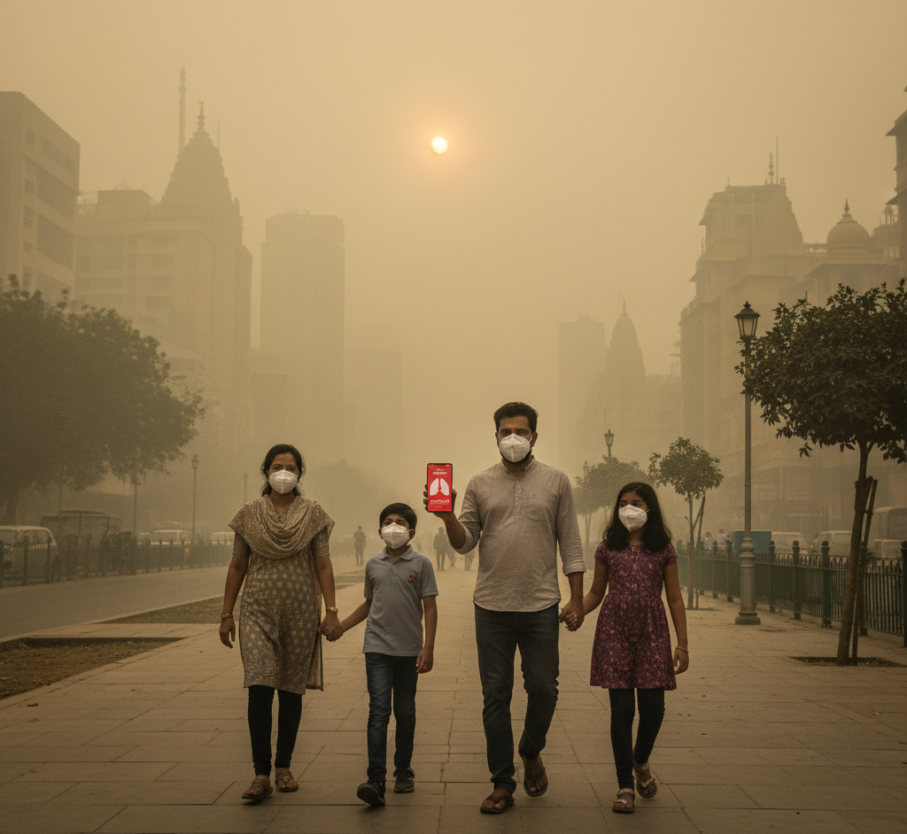 Indian family using masks and air quality apps to prevent air pollution exposure.