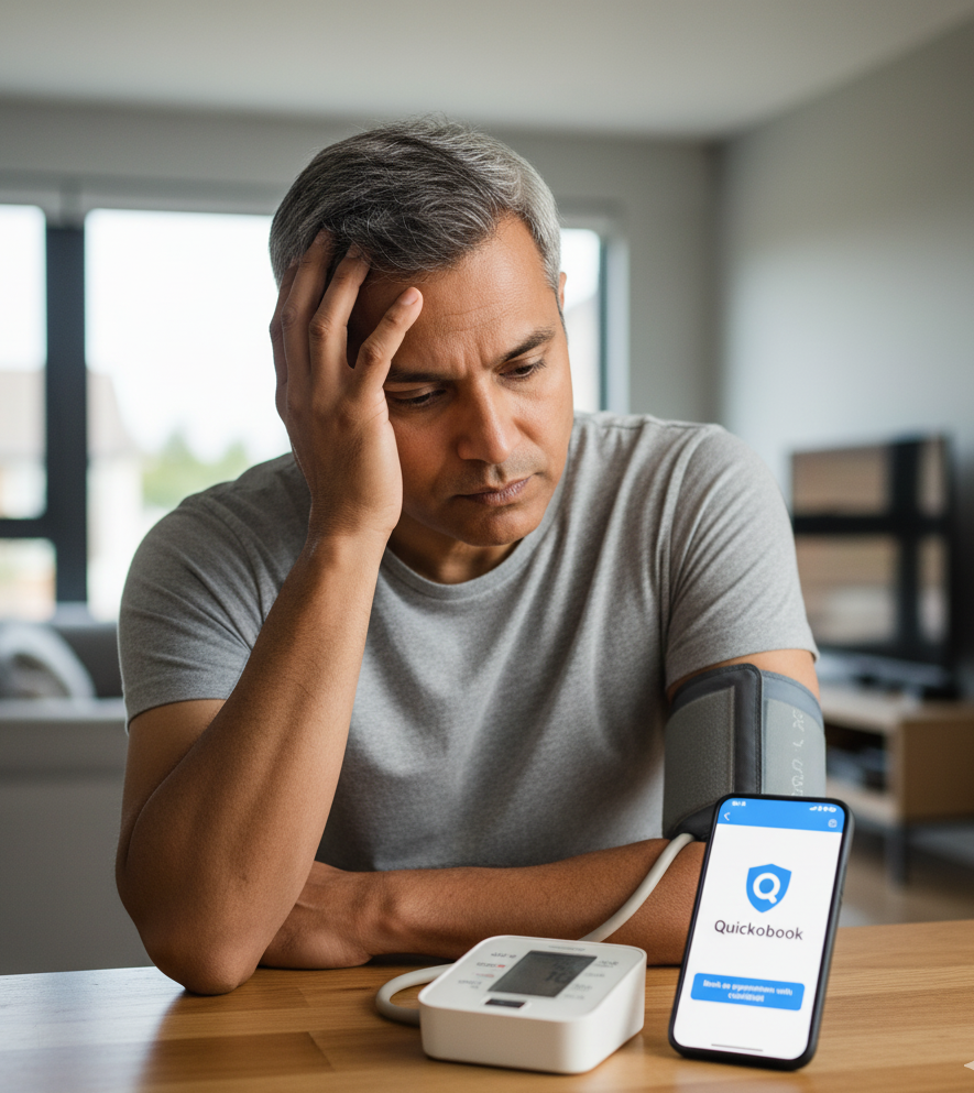 Person checking blood pressure and consulting doctor online for stroke risk