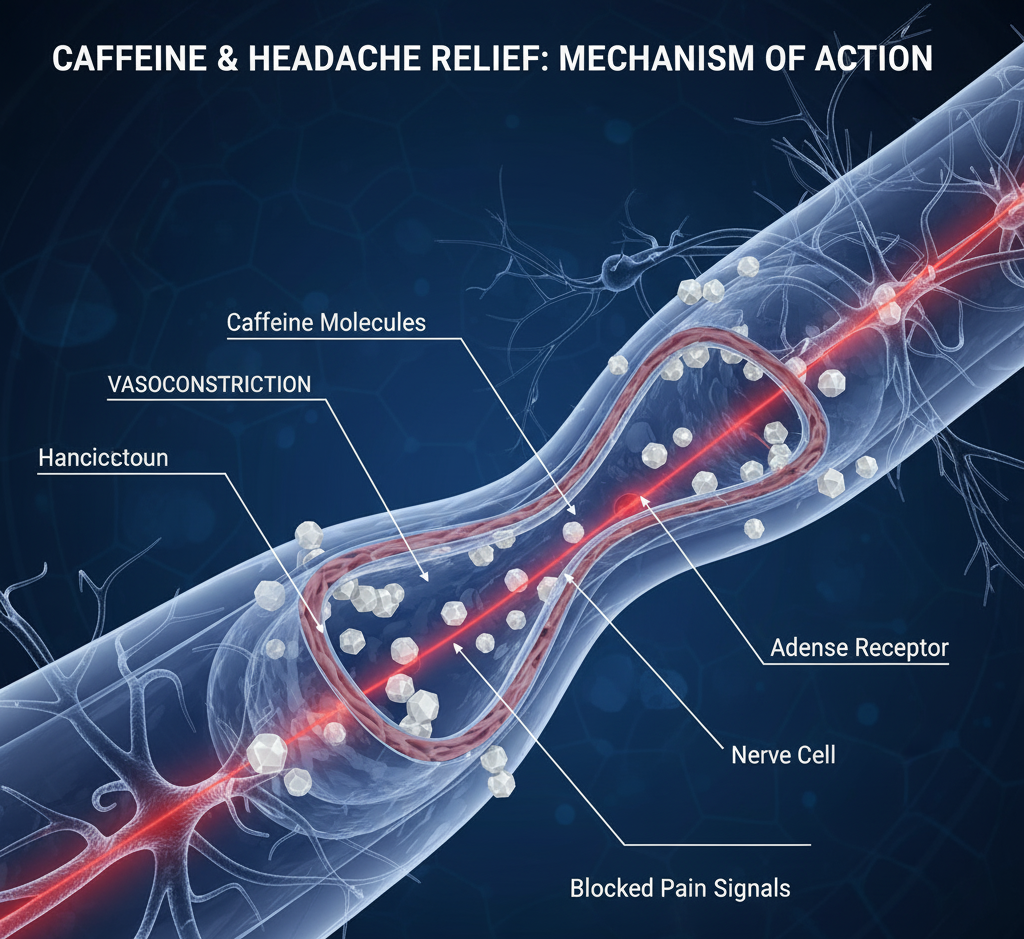Medical diagram showing how caffeine reduces headache pain by constricting brain blood vessels.