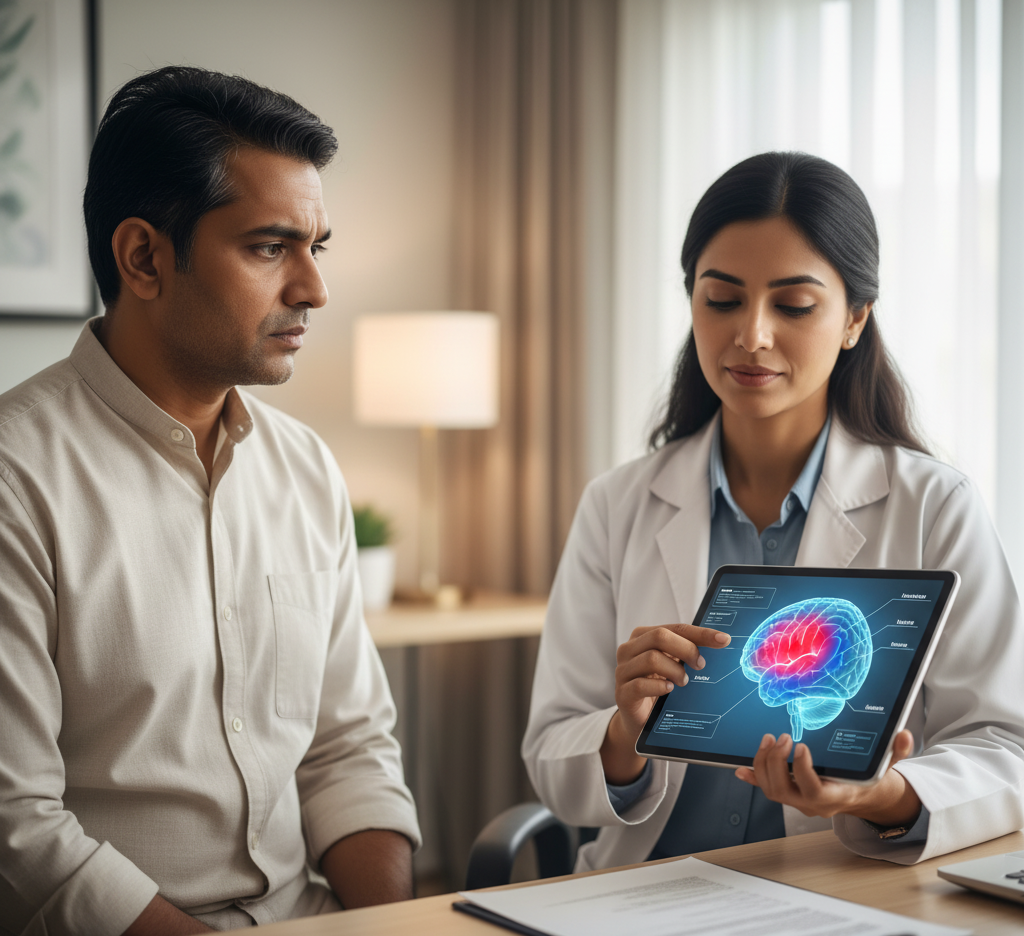 Patient consulting doctor for frequent or severe headaches