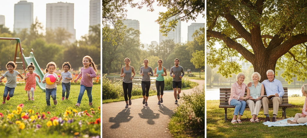 Green spaces benefiting mental health across children, adults, and senior citizens