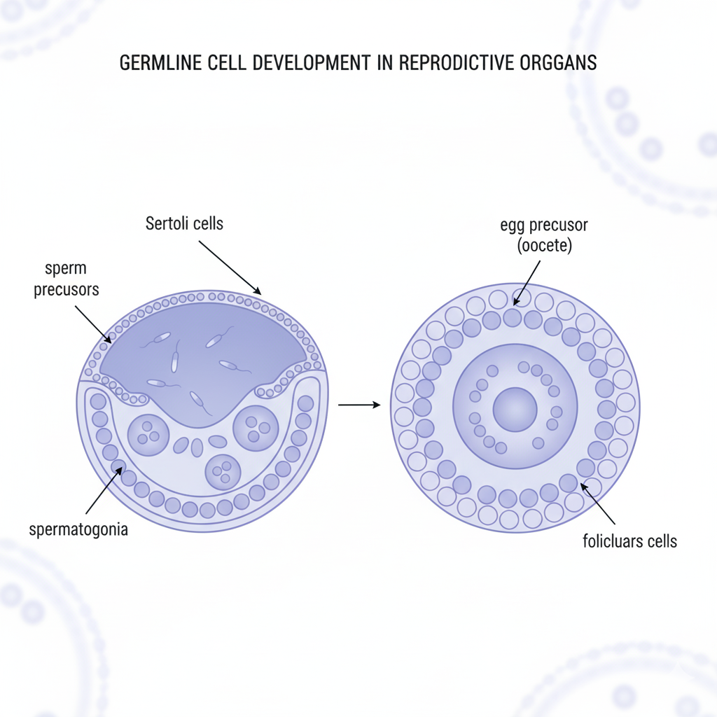 Microscopic diagram showing germline cells developing into sperm and eggs