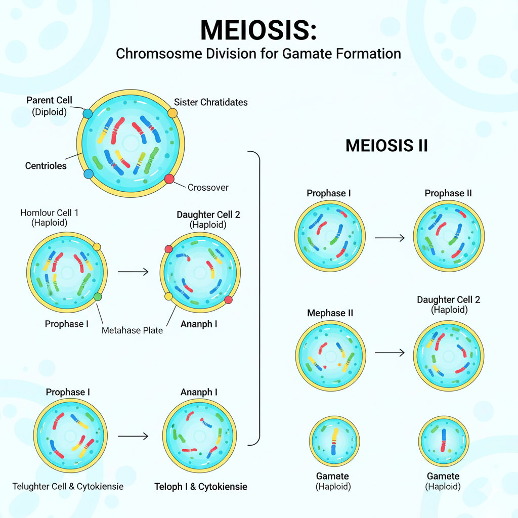 Scientific diagram showing meiosis process in germline cells dividing chromosomes.