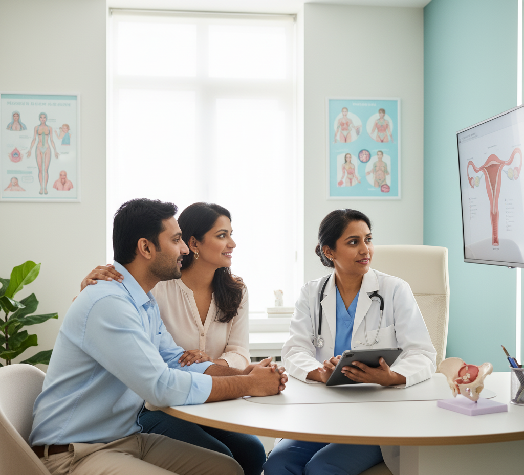 Indian couple consulting fertility specialist for reproductive health advice.