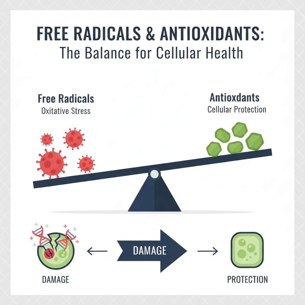 Infographic explaining oxidative stress as an imbalance between free radicals and antioxidants.