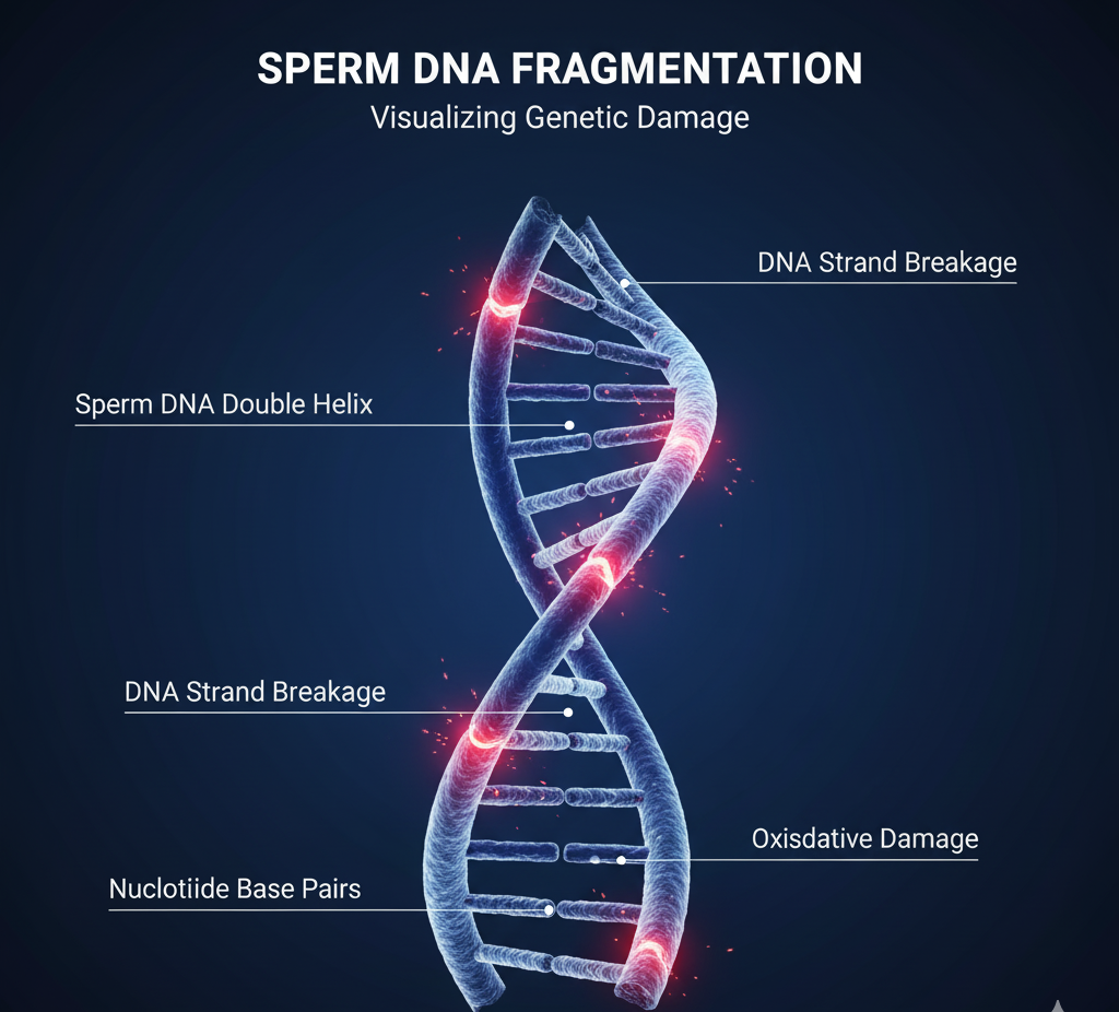 Infographic showing how DNA fragmentation occurs inside sperm cells