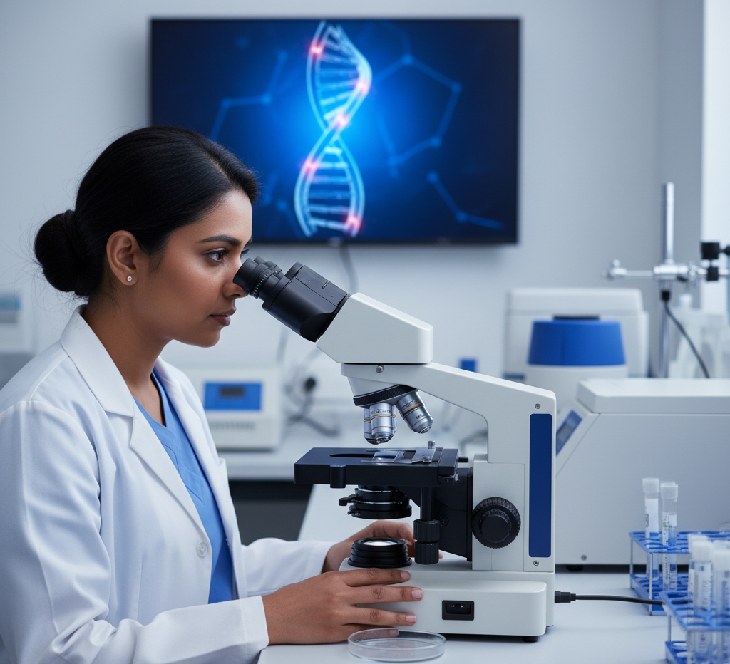 Laboratory test for sperm DNA fragmentation under microscope.