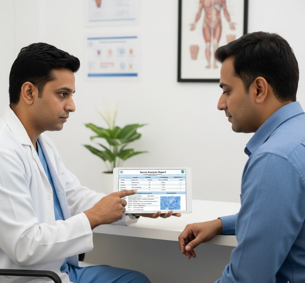 Male patient consulting fertility doctor about sperm DNA fragmentation test.